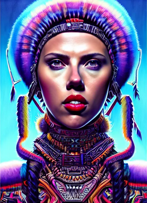 Image similar to portrait of scarlett johansson, hyper detailed ultra sharp aztec shaman warrior. trending on artstation, warpaint aesthetic, bloodwave, colorful, psychedelic, ornate, intricate, digital painting, concept art, smooth, sharp focus, illustration, art by artgerm and greg rutkowski and h. r. giger, 8 k