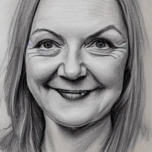 Prompt: liz truss, pencil sketch