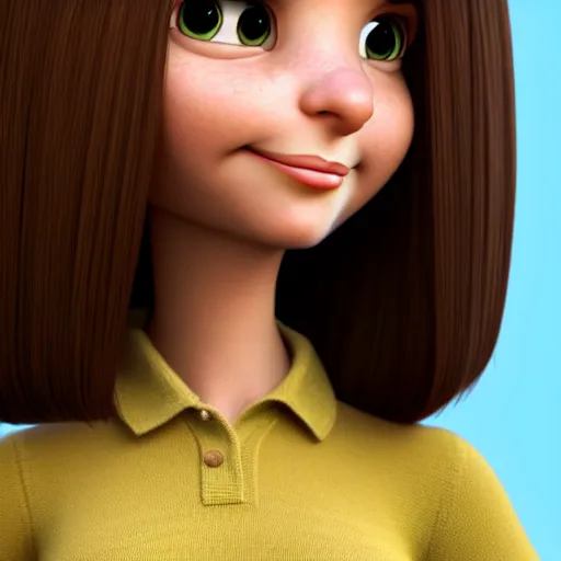 Image similar to A portrait of a mother, a cute 3d cgi toon woman with brown hair in a Bob, brown eyes, full face, olive skin, romanian heritage, medium shot, mid-shot, hyperdetailed, 8k, trending on artstation, as a Pixar character