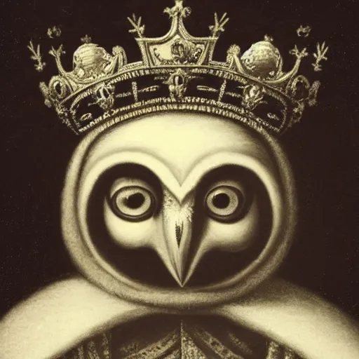 Prompt: close-up portrait of anthropomorphic owl Prince, man with a head of owl, glowing eyes, in a crown wearing long royal robe