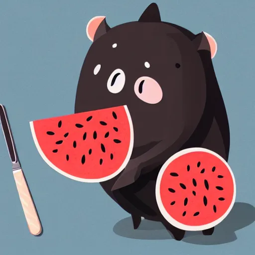 Image similar to cute kawaii realistic fruit bat eats a watermelon piece, digital art, vector illustration, shutterstock, high quality, illustration, art, detailed, 3 d render, sticker,