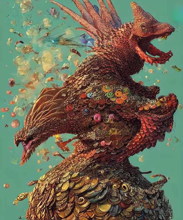 Image similar to a creature covered in scales and feathers spitting acid, fantasy, elegant, digital painting, artstation, concept art, matte, sharp focus, illustration, art by geof darrow and justin gerard