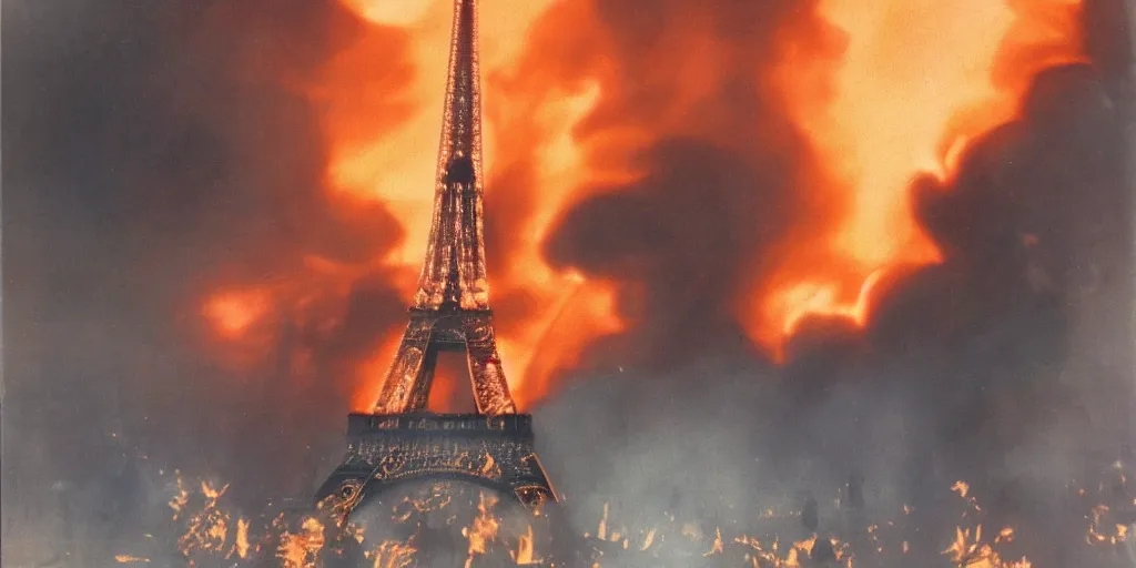 Prompt: Eiffel Tower on fire and being destroyed by flames, falling, despair, people running, military helicopters flying overhead, polaroid, 60s, hyperrealism, no blur, 4k resolution, ultra detailed