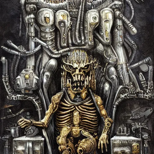 Image similar to Illustration by H.R Giger of The Emperor on his Golden Throne in a body horror style. Warhammer 40k