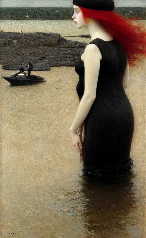 Prompt: portrait of a girl with long red hair in a black dress, under water, very beautiful style, girl wrapped in a leather salafan bag in black, photorealism, edgard maxence,