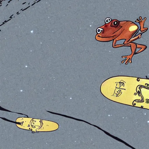 Image similar to skateboarding frog evading the space police in the style of no man's sky
