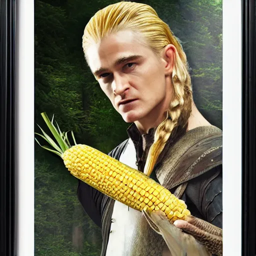 Image similar to Legolas cradling a giant piece of corn, photorealistic, somber,