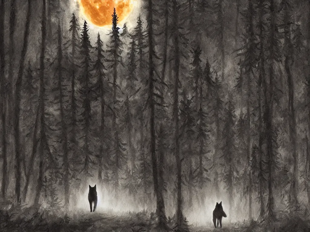 Prompt: portrait of a large wolf walking on a dark path through the forest at night under a full moon, 8 k, photorealistic, digital painting,