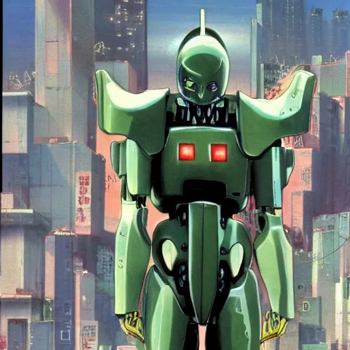 Prompt: 1 9 9 0 s anime screenshot of a sleek, slender, human - scale mecha suit defending the city streets, designed by hideaki anno, drawn by tsutomu nihei, and painted by zdzislaw beksinski