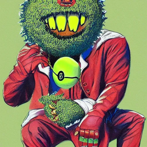 Image similar to a tennis ball monster , hip hop style, multiple gold chain necklace, digital art, fantasy, magic, trending on artstation, ultra detailed, professional illustration by Basil Gogos