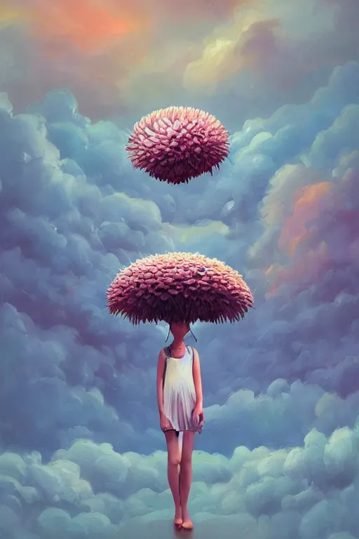 Prompt: closeup, giant daisy flower as head, girl between the monsteras, surreal photography, wind and cold, dramatic sky, impressionist painting, digital painting, artstation, simon stalenhag