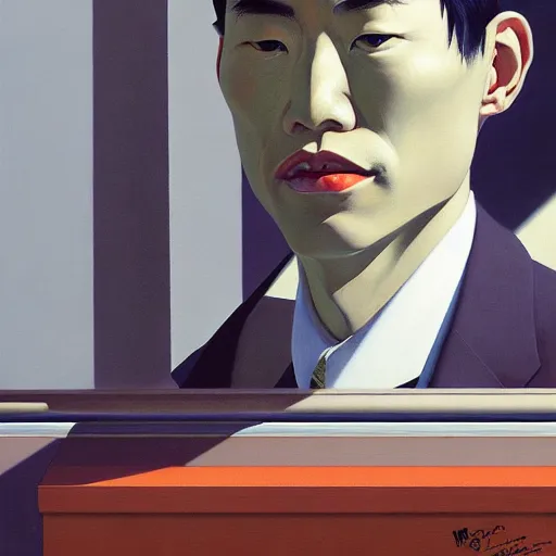 Image similar to Portrait of Japanese wearing a business suit , very coherent, painted by Edward Hopper, Wayne Barlowe, painted by James Gilleard, airbrush, art by JamesJean