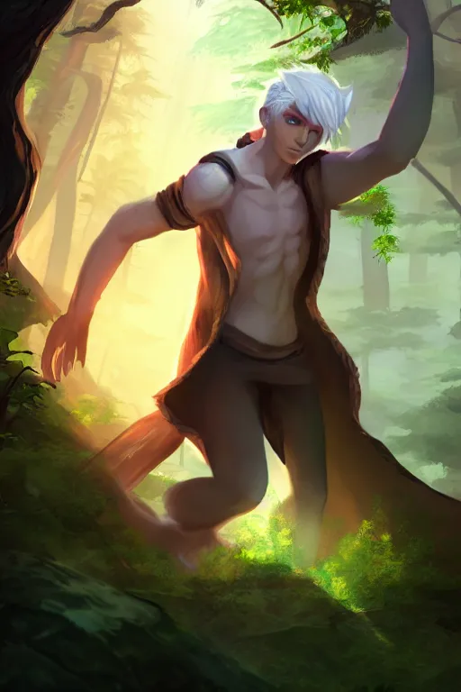 Prompt: a human elemental sorcerer, forest setting, colorful magic, male, white skin, young, sharp, concept art, dynamic lighting, unreal engine