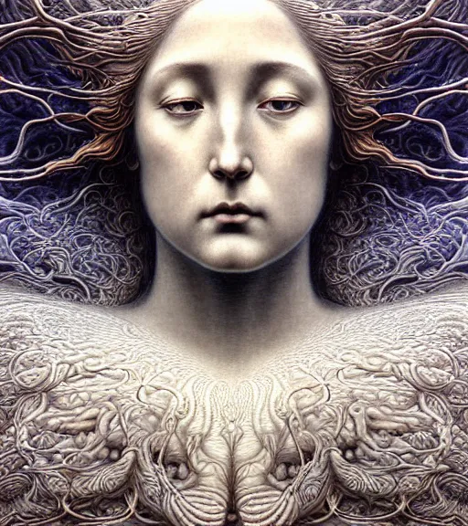 Image similar to detailed realistic beautiful cloud goddess face portrait by jean delville, gustave dore, iris van herpen and marco mazzoni, art forms of nature by ernst haeckel, art nouveau, symbolist, visionary, gothic, neo - gothic, pre - raphaelite, fractal lace, intricate alien botanicals, ai biodiversity, surreality, hyperdetailed ultrasharp octane render