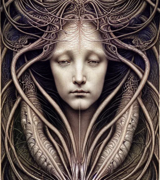 Image similar to detailed realistic beautiful twilight goddess face portrait by jean delville, gustave dore, iris van herpen and marco mazzoni, art forms of nature by ernst haeckel, art nouveau, symbolist, visionary, gothic, neo - gothic, pre - raphaelite, fractal lace, intricate alien botanicals, ai biodiversity, surreality, hyperdetailed ultrasharp octane render