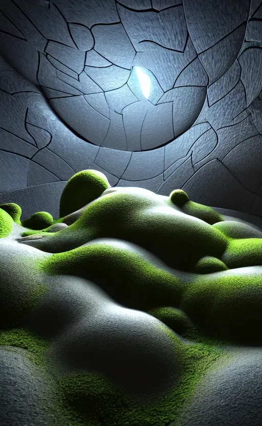 Image similar to highly detailed ultra sharp 3 d render cinematic composition of a smooth ceramic porcelain biomorphic magnolia stone nebula fluid fractal sci - fi surreal architecture landscape, granite, metallic, magnesium, marble, moss and lichen, vincent callebaut composition, mamou - mani, archviz, beautiful lighting, 8 k, unreal engine, hdr,