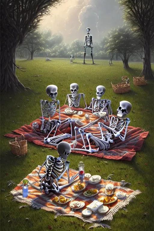 Prompt: a detailed illustration of a skeleton family on a picnic, afternoon at the park, intricate, gothic, highly detailed, digital painting, trending on artstation, smooth, sharp focus, illustration, art by greg rutkowski, loish, rhads, makoto shinkai and lois van baarle, ilya kuvshinov, rossdraws