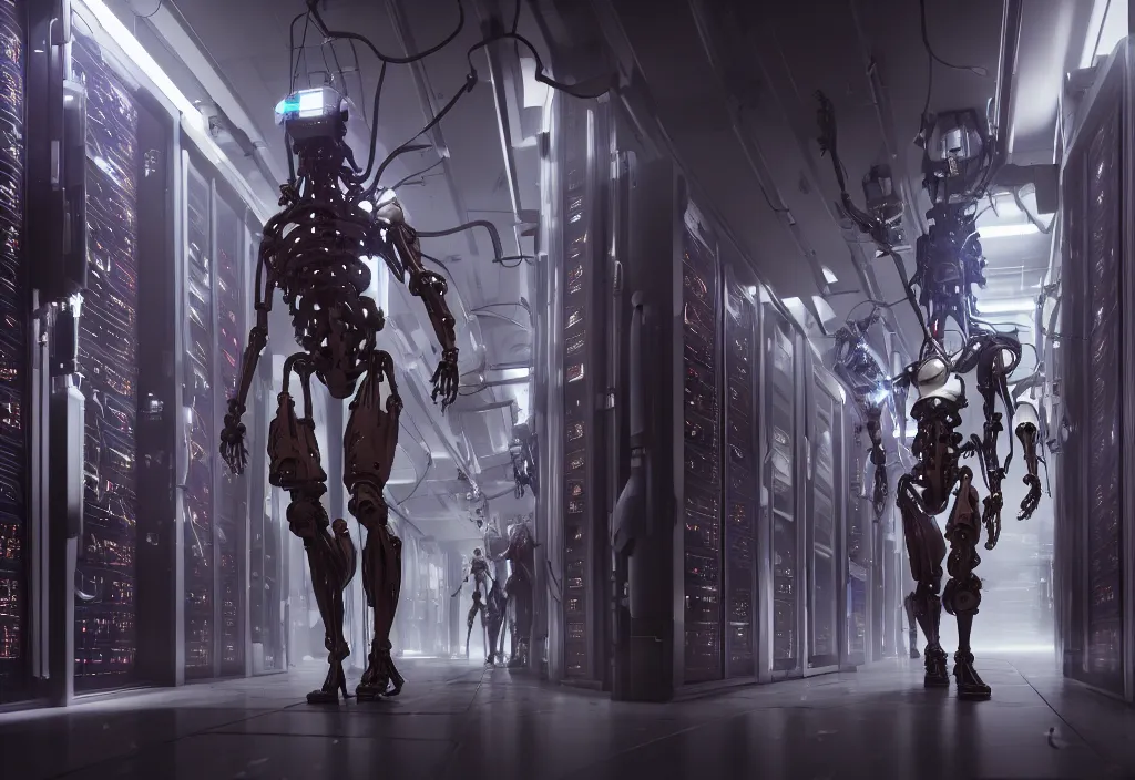 Image similar to shot of film by cyberpunk syle biomechanical cyborg walking in server room in datacenter, character design, very detailed cinematic, anime, by yoichi hatakenaka, by masamune shirow, digital art, octane render, beautiful composition, trending on artstation, award - winning photograph, masterpiece