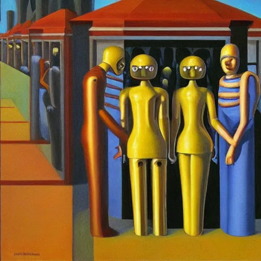 Image similar to robots surrounding a priestess, ( ( ( grant wood ) ) ), pj crook, ( ( ( edward hopper ) ) ), oil on canvas