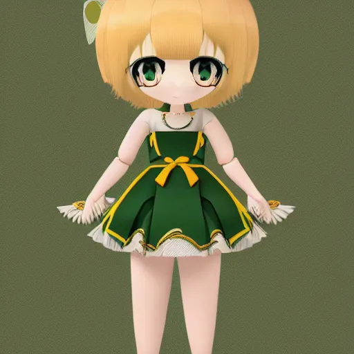 Prompt: cute fumo plush of a girl in a green and gold patterned dress, stylized material bssrdf, cel shading, vray, anime girl