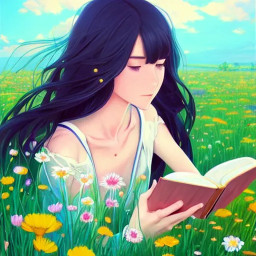 Prompt: a beautiful girl with long dark hair, sitting in a field of flowers, reading a book, sunny, daytime, sharp focus, intricate, digital painting, artstation, official media, anime key visual, highly detailed, rich vivid colors, ambient lighting, illustration, art by Artgerm, Makoto Shinkai, Ilya Kuvshinov, Lois Van Baarle, and Rossdraws