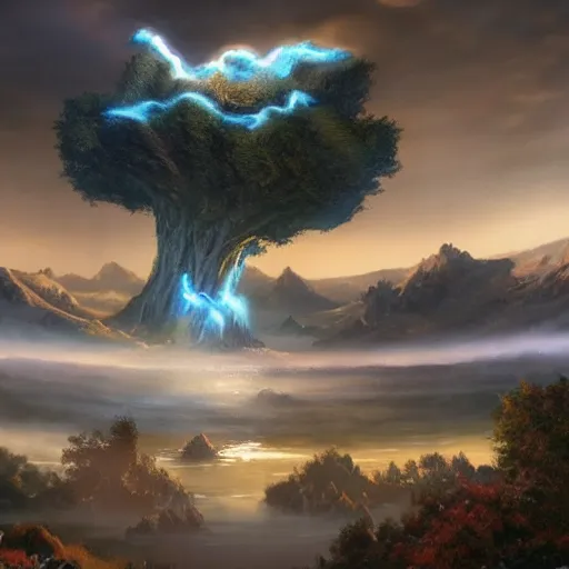 Image similar to bob ross comic book scene of an epic portal being exited by a god, cinematic, realistic, beautiful scenery, matte painting, highly detailed, octane render, unreal engine