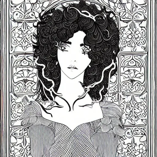 Prompt: filigree detailed illustration of a profile of gypsy girl with long curly hair and big goat horns, aubrey beardsley, tomer hanuka, makoto shinkai