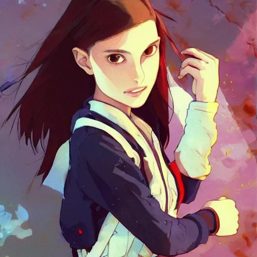 Image similar to a beautiful! boyish! natalie portman alluring gravure! model, wearing oversized mayan bomber jacket and leotard with overalls, bulky poofy bomber jacket with mayan patterns, gapmoe yandere grimdark, trending on pixiv fanbox, painted by greg rutkowski makoto shinkai takashi takeuchi studio ghibli, akihiko yoshida