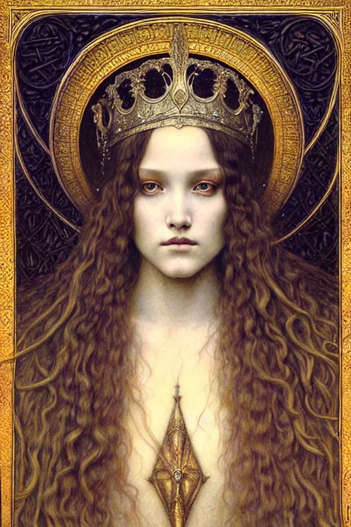 Image similar to detailed realistic beautiful young medieval queen face portrait by jean delville, gustave dore and marco mazzoni, art nouveau, symbolist, visionary, gothic, pre - raphaelite. horizontal symmetry