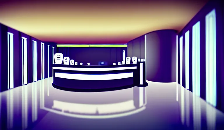 Prompt: a beautiful, sharp focus, clean lines. the interior of an art deco hotel. hotel lobby and receptionist. vaporwave ombre rendering. outrun style. trending on artstation. recommended for you behance. by chris moore. by edward hopper. ambient occlusion. digital matte painting. metropolis filmic. gotham city.