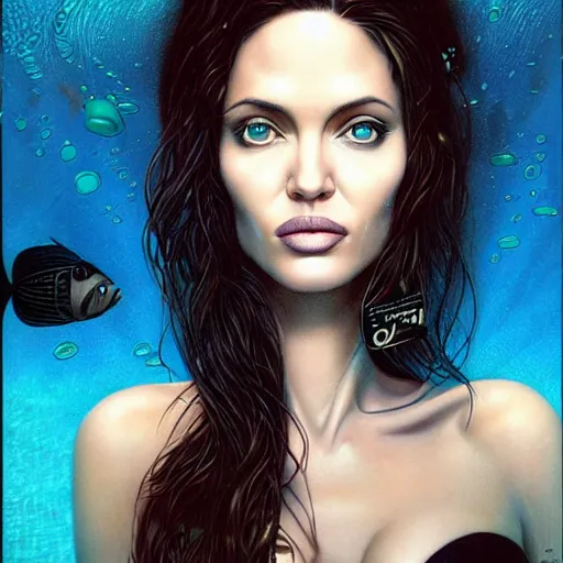 Prompt: underwater lofi portait of angelina jolie, Pixar style, by Tristan Eaton Stanley Artgerm and Tom Bagshaw.