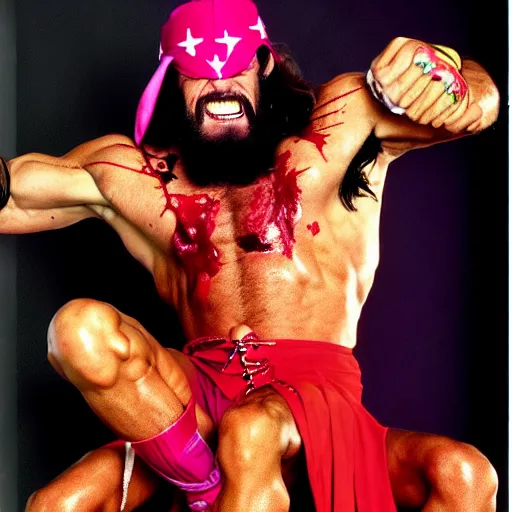 Prompt: uhd photorealisitc candid photo of macho man randy savage tearing a midget in half. blood and guts everywhere. correct coostume. correct face, accurate face. photo by annie leibowitz and steve mccurry
