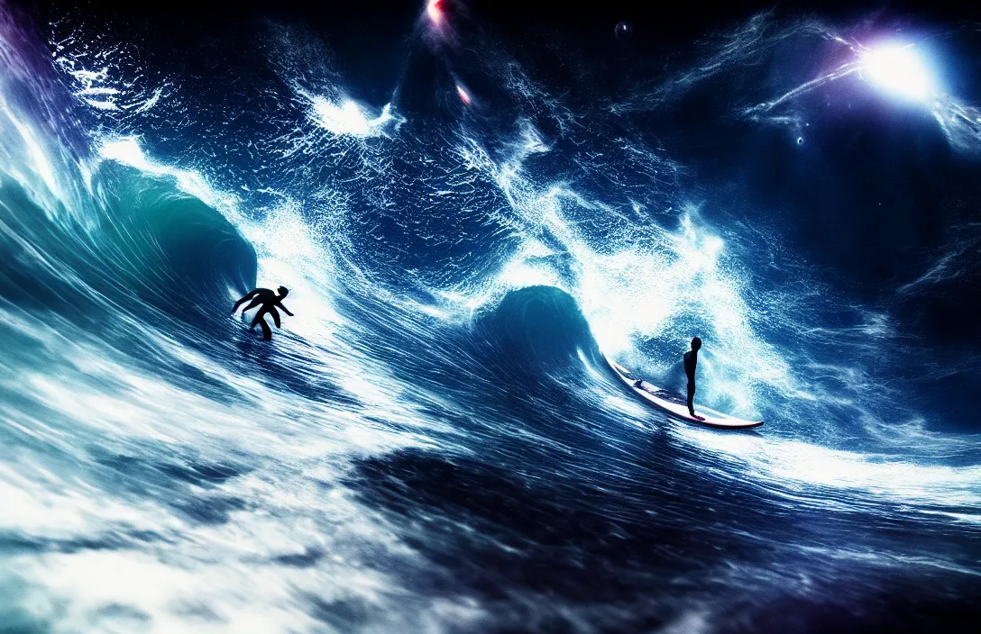 Image similar to surfing the waves of space by ben wanat ; cosmic, insane details, photography, unreal engine ;