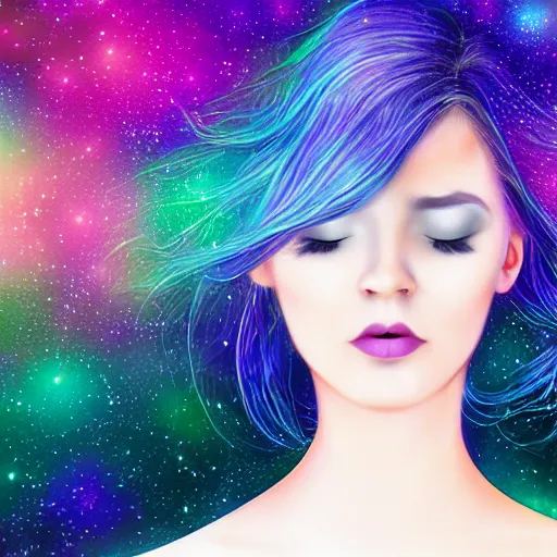 Image similar to portrait of a beautiful woman with iridescent translucent hair, her eyes are closed, hair is floating, digital art, ethereal, galaxy swirls, space, chaotic