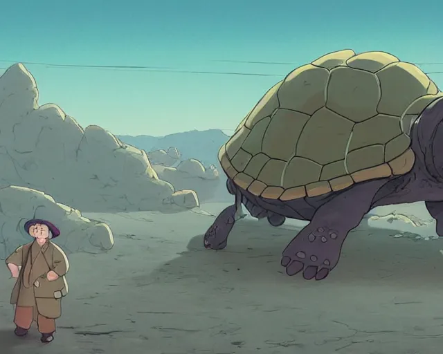 Image similar to a study of a cell shaded cartoon giant turtle from howl's moving castle ( 2 0 0 4 ), on a desert road, illustration, wide shot, subtle colors, post grunge, concept art by josan gonzales and wlop, by james jean, victo ngai, highly detailed, sharp focus, trending on artstation, hq, deviantart, art by artgem