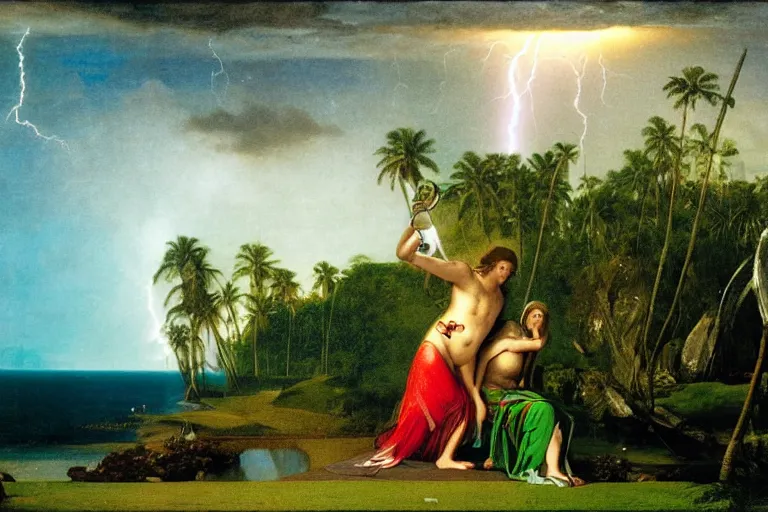 Image similar to The Ritual of the sacred elixir, refracted sparkles, thunderstorm, beach and Tropical vegetation on the background major arcana sky and symbols, by paul delaroche, hyperrealistic 4k uhd, award-winning, very detailed paradise