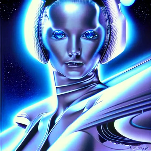 Image similar to futuristic space woman, blue sky art by peter lloyd, 1 9 8 0's art, airbrush style, art by hajime sorayama,, intricate, elegant, sharp focus, illustration, highly detailed, concept art, matte, sharp focus, illustration, highly detailed, 6 4 0