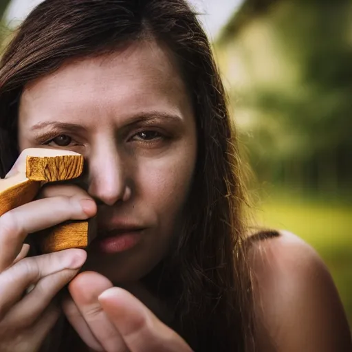 Prompt: a portrait of a woman eating a piece of wood, detailed, hd, 4k, 8k, high res