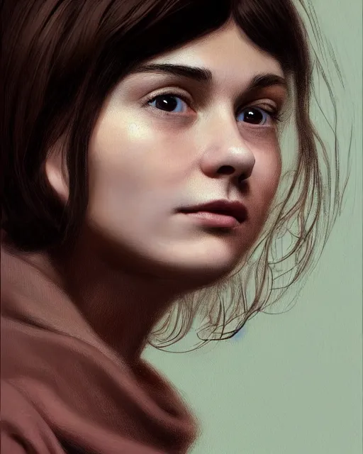 Image similar to !dream portrait of a welsh teenage girl with brown hair, glowing skin, delicate features, quiet beauty, amelie poulain, cute ears, teenage audrey tautou, fantasy, intricate, elegant, dress shirt, highly detailed, digital painting, artstation, concept art, smooth, sharp focus, illustration, art by Krenz Cushart and Artem Demura and alphonse mucha, floral background