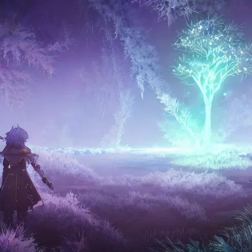 Image similar to scenery artwork, scene luminous, bioluminescent acrylic and cold nier automata pixiv scenery artwork : nature dream wire vegetation magic density infinite, macro seminal dream points of icy, frozen vaporwave shards tempted to turn into a dream scenery, high quality topical render, nier automata, concept art