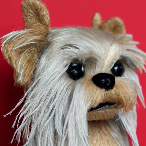 Image similar to a closeup photorealistic sad knitted plush yorkshire terrier
