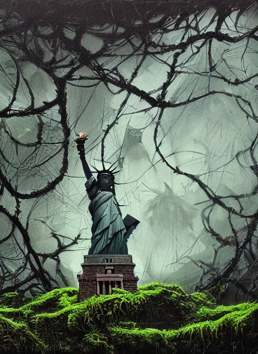 Image similar to hyper detailed oil painting of the statue of liberty; cracked, decaying, covered in moss and vines; thunderstorm; moody cinematic lighting, painted by Greg Rukowtski, trending on Artstation