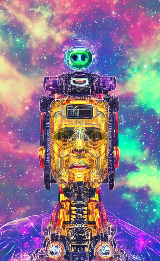 Prompt: a portrait hi-tech sci-fi robot with vividly colorful diodes and a human-shaped face smoking weed in deep space, photography, color, very detailed