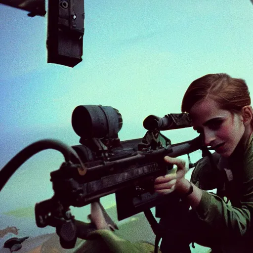 Prompt: film still, extreme far view, emma watson, in bell huey, door gunner, machine gun, apocalypse now, associated press, 2 6 mm, kodak ektachrome, blue tint expired film,
