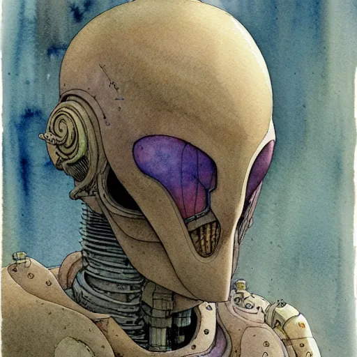 Image similar to a simple and atmospheric watercolour portrait of a pulp sci - fi alien cyborg, very muted colors, by rebecca guay, michael kaluta, charles vess and jean moebius giraud