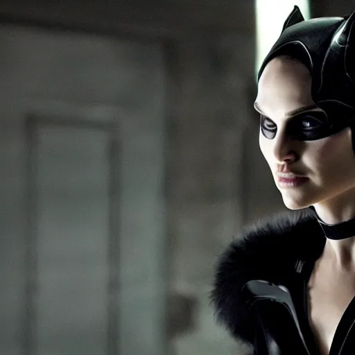 Image similar to stunning awe inspiring natalie portman playing catwoman, movie still 8 k hdr atmospheric lighting