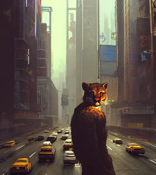 Image similar to new york city portrait of furry anthro anthropomorphic cougar mountain lion head animal person fursona wearing clothes strange cybernetic muzzle gloomy rainy screenshot from the video game cyberpunk 2077 digital art by Greg Rutkowski, Simon Stalenhag, christopher nolan trending on Artstation, CGSociety