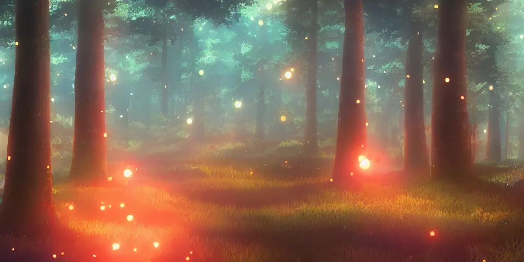 Prompt: a pine forest with glowing spirits, ultra high quality, 4 k, by miyazaki and makoto shinkai, anime screenshot, colorful, artstation, pixiv,