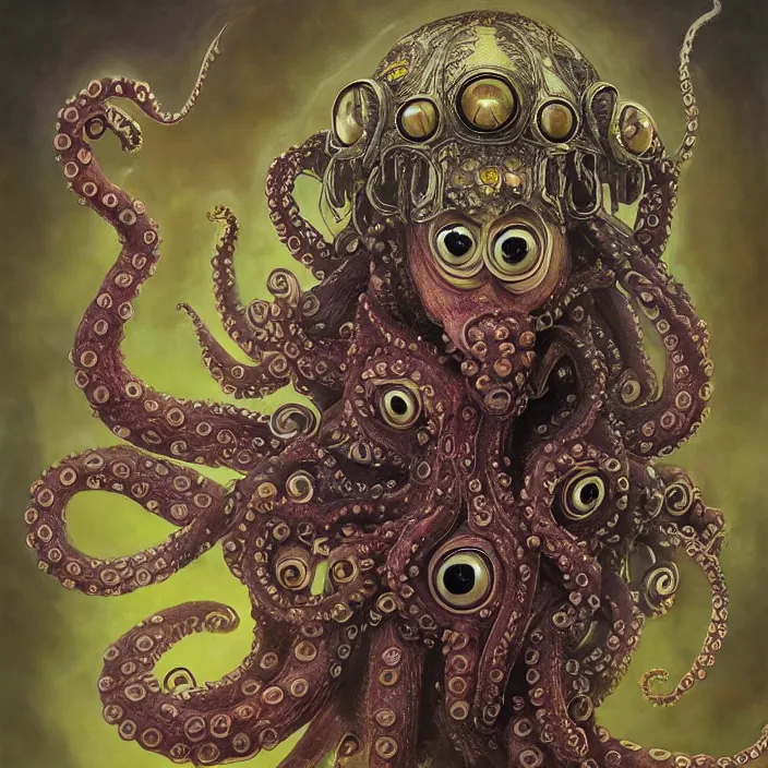 Image similar to beautiful and exotic octopus queen bust portrait, glowing big eyes, art nouveau declotage, perfect symmetrical facial features, hyperrealistic bone structure, extremely hyperdetailed, mixed media painting, unreal engine, 8 k, octane, 8 mm, by travis charest, rodney matthews and chris achilleos