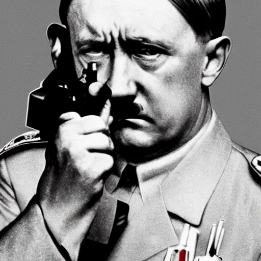 Image similar to photo of adolf hitler pointing a gun to his head while crying in the style of martin schoeller